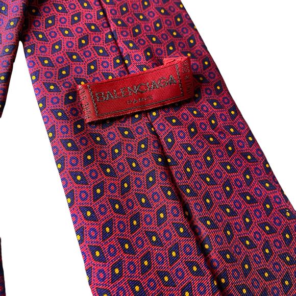 Balenciaga 100% Silk Necktie LUXURY Made in Italy Red with Blue Geometric Tie - Picture 6 of 16